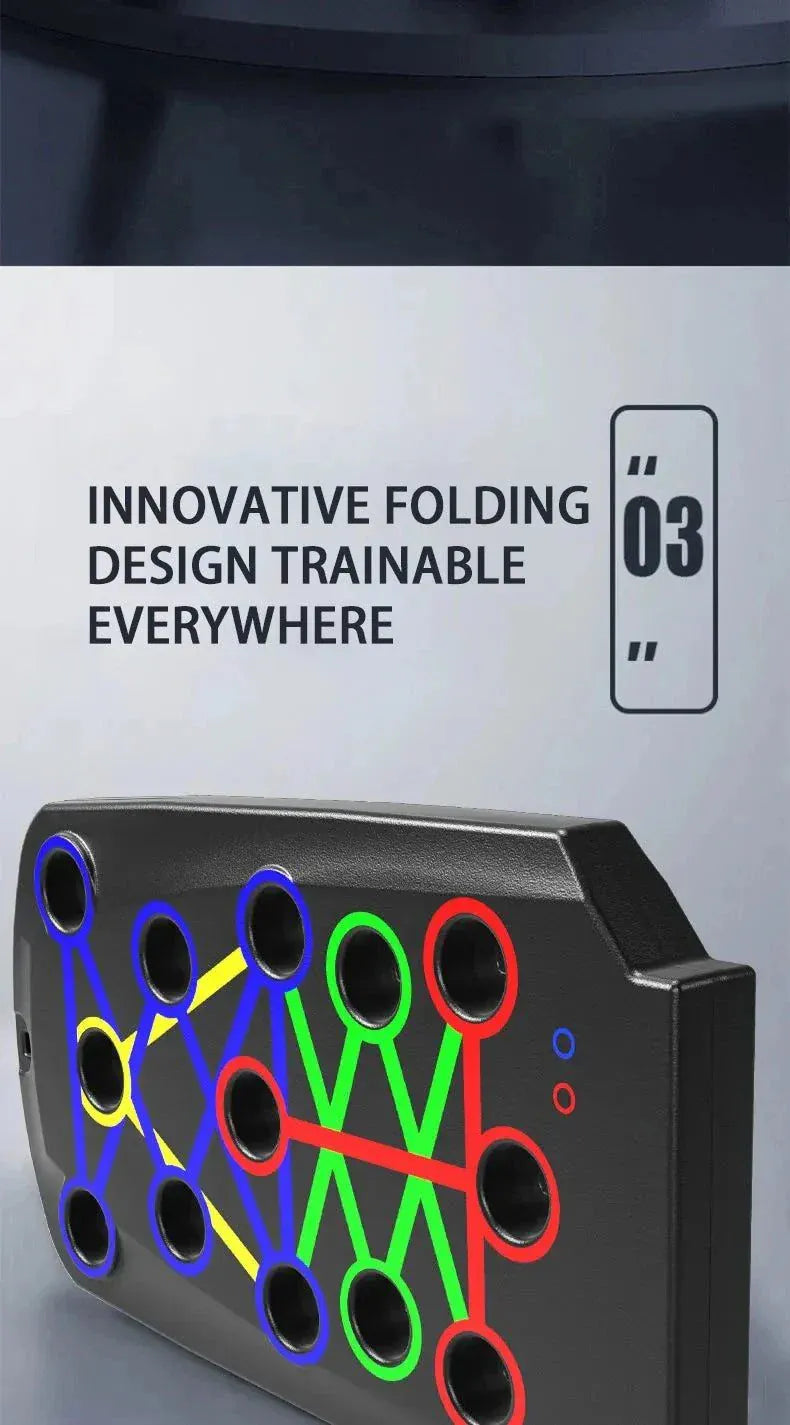 Multifunctional portable push-up board set with color-coded positions for muscle targeting and foldable design for easy storage and travel.