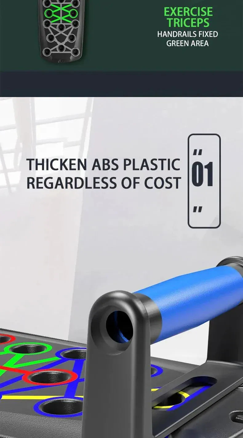 Multifunctional portable push-up board set with color-coded positions for targeted muscle workouts and easy foldable design.