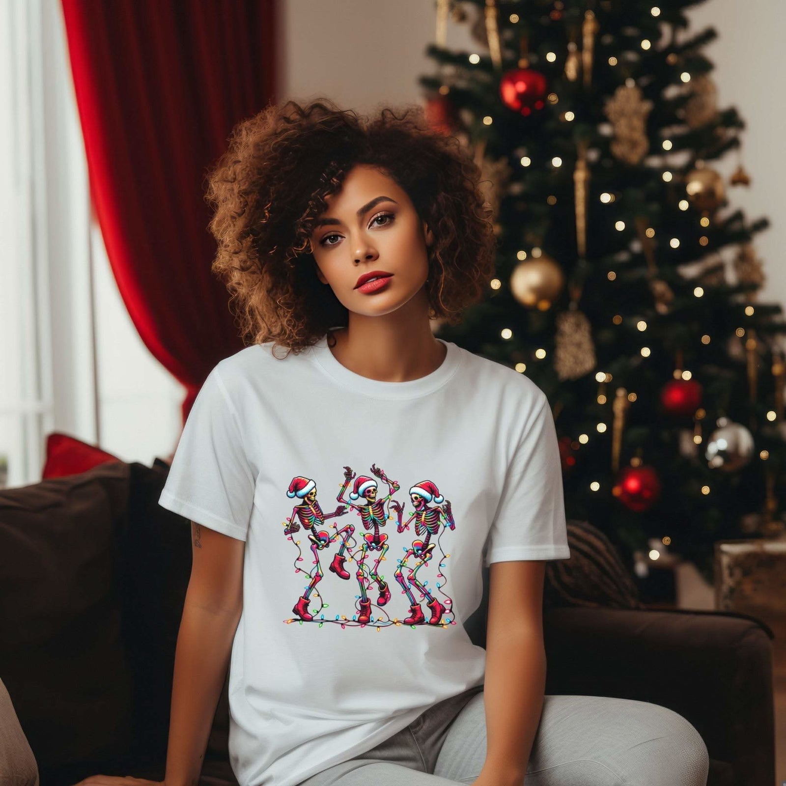 Unisex Christmas Dancing Skeletons Tee with festive skeletons in holiday attire
