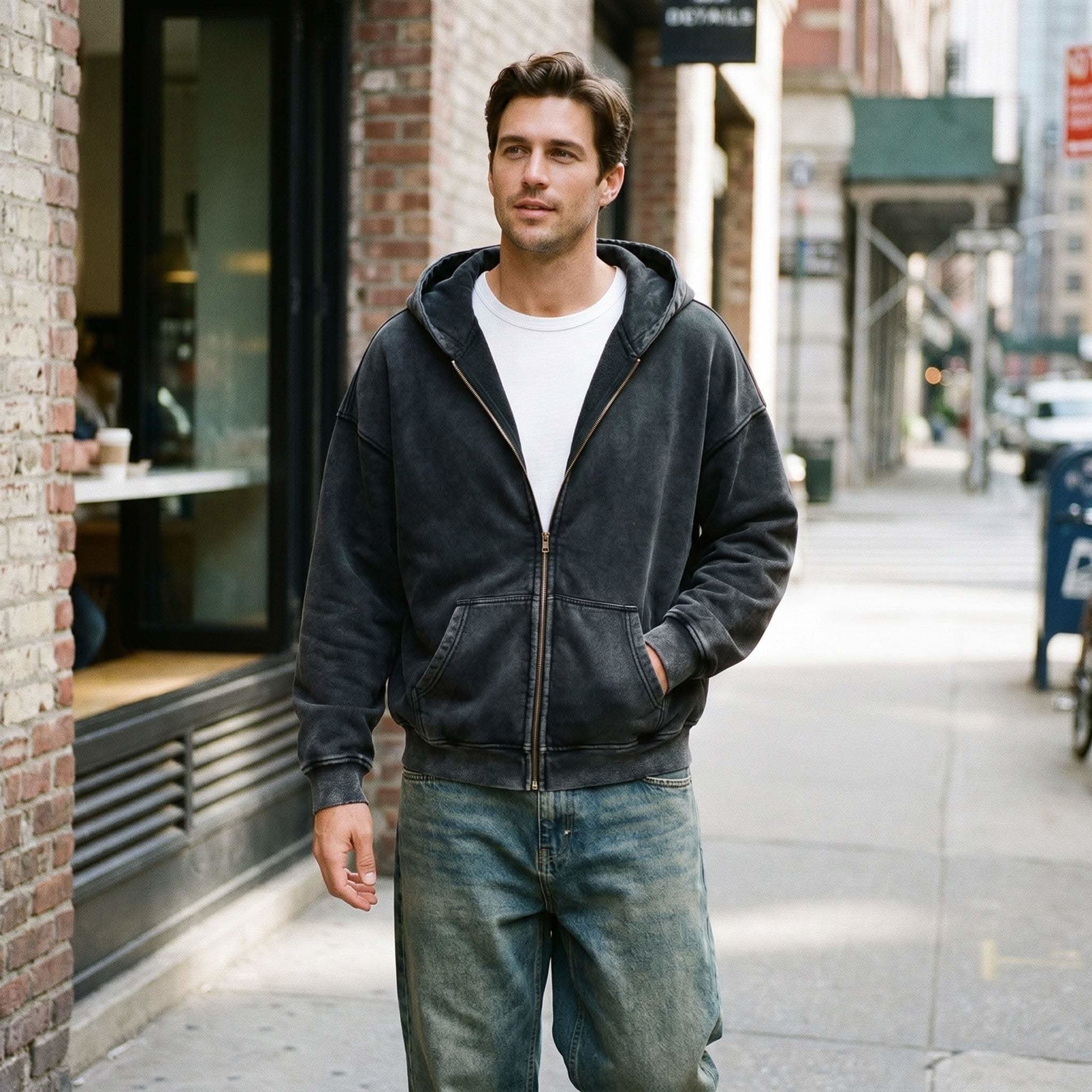 Oversized unisex zip-through boxy fleece hoodie with heavyweight fabric and vintage washed finish
