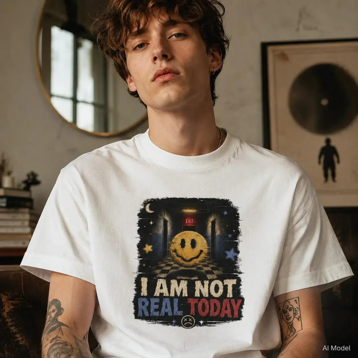 Surreal Weirdcore t-shirt featuring faded smiley face in eerie liminal hallway under glowing EXIT sign with "I AM NOT REAL TODAY" text