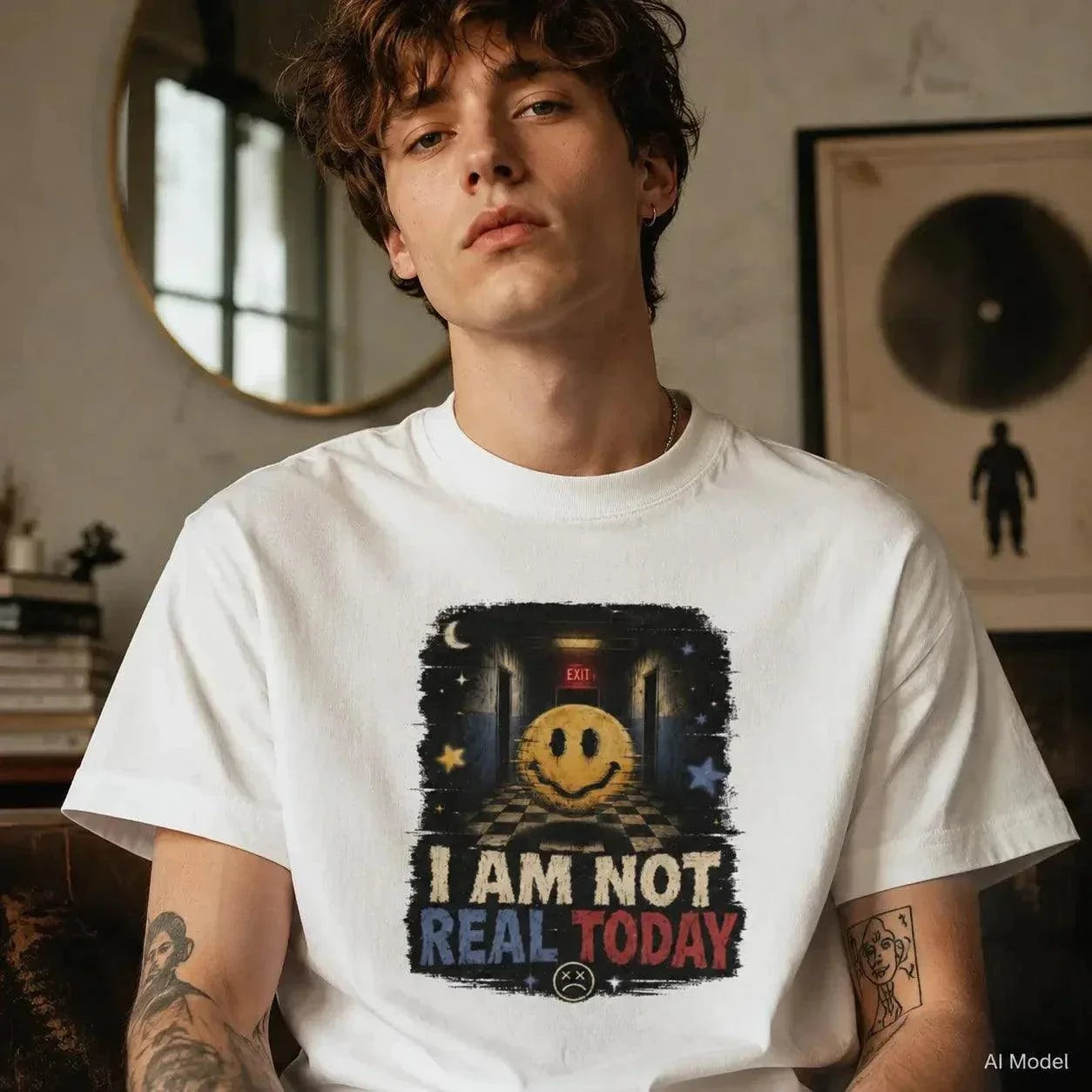 Surreal Weirdcore t-shirt featuring faded smiley face in eerie liminal hallway under glowing EXIT sign with "I AM NOT REAL TODAY" text
