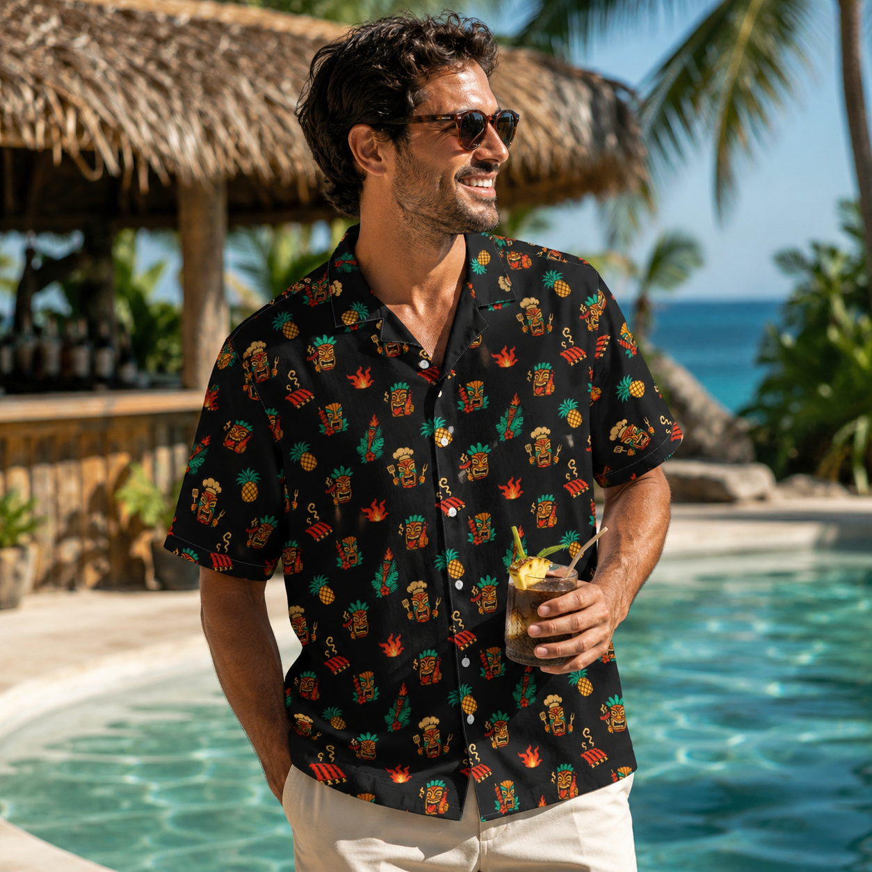 Retro Tiki BBQ Hawaiian shirt with all-over tropical print, tiki masks, pineapples, and flames, lightweight breathable fabric, perfect for summer and beachwear