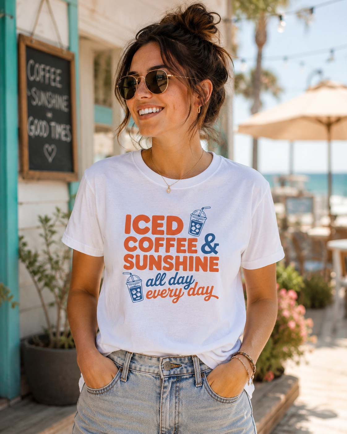 Iced Coffee & Sunshine casual summer graphic tee with playful iced coffee print on bright fabric