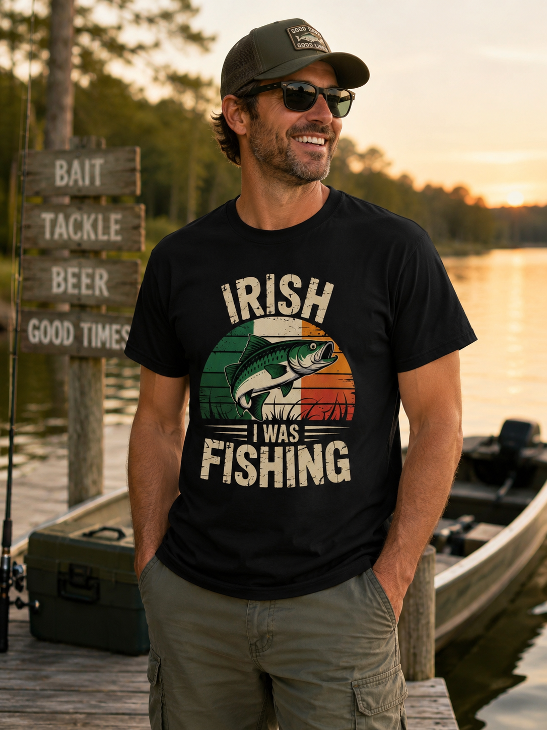 Irish I Was Fishing T-shirt with vintage trout and Irish flag design on soft heavyweight cotton