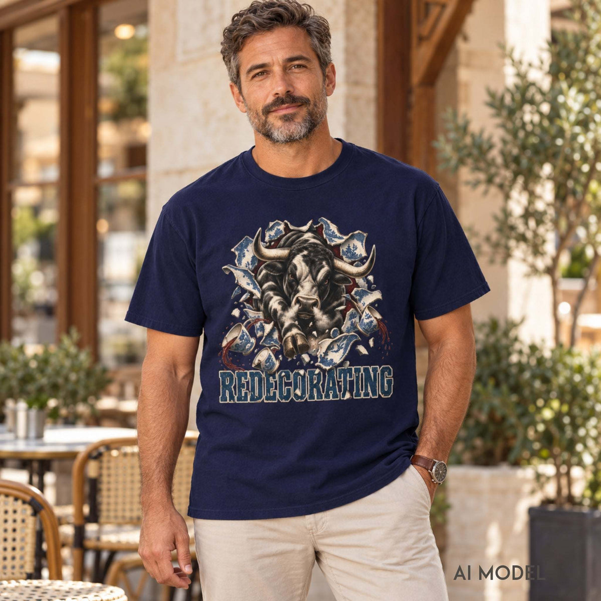Man wearing a true navy Bull Redecorating T-shirt with stone-colored chinos on a café terrace, showing the vintage-style bull and broken china graphic.