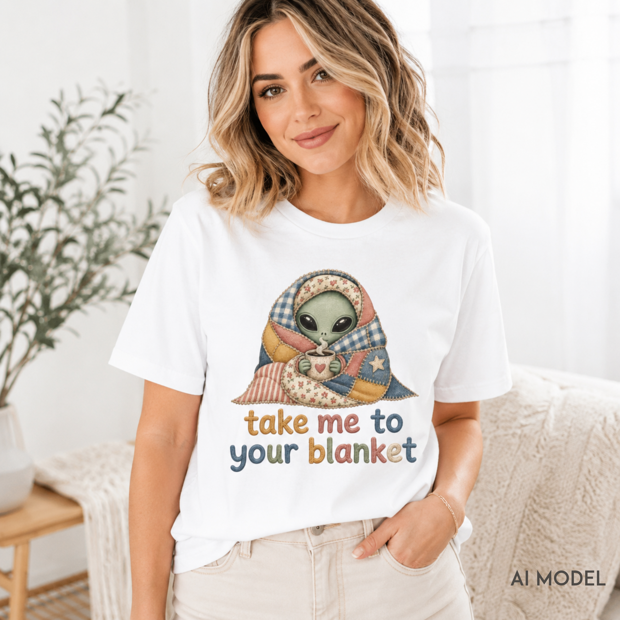 A woman wearing a white graphic t-shirt with a cute cartoon alien wrapped in a plaid blanket and the text 'take me to your blanket' in colorful letters. The photo is taken in a bright, modern indoor setting.