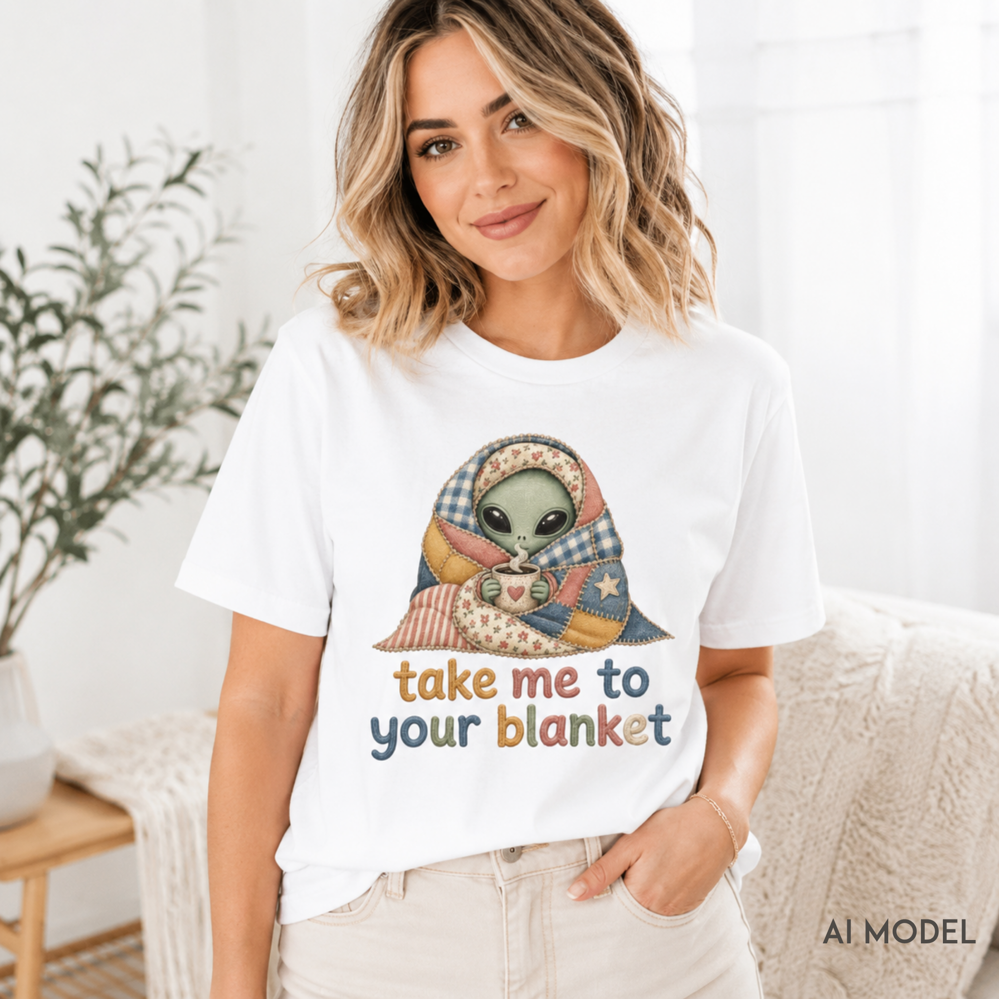 A woman wearing a white graphic t-shirt with a cute cartoon alien wrapped in a plaid blanket and the text 'take me to your blanket' in colorful letters. The photo is taken in a bright, modern indoor setting.