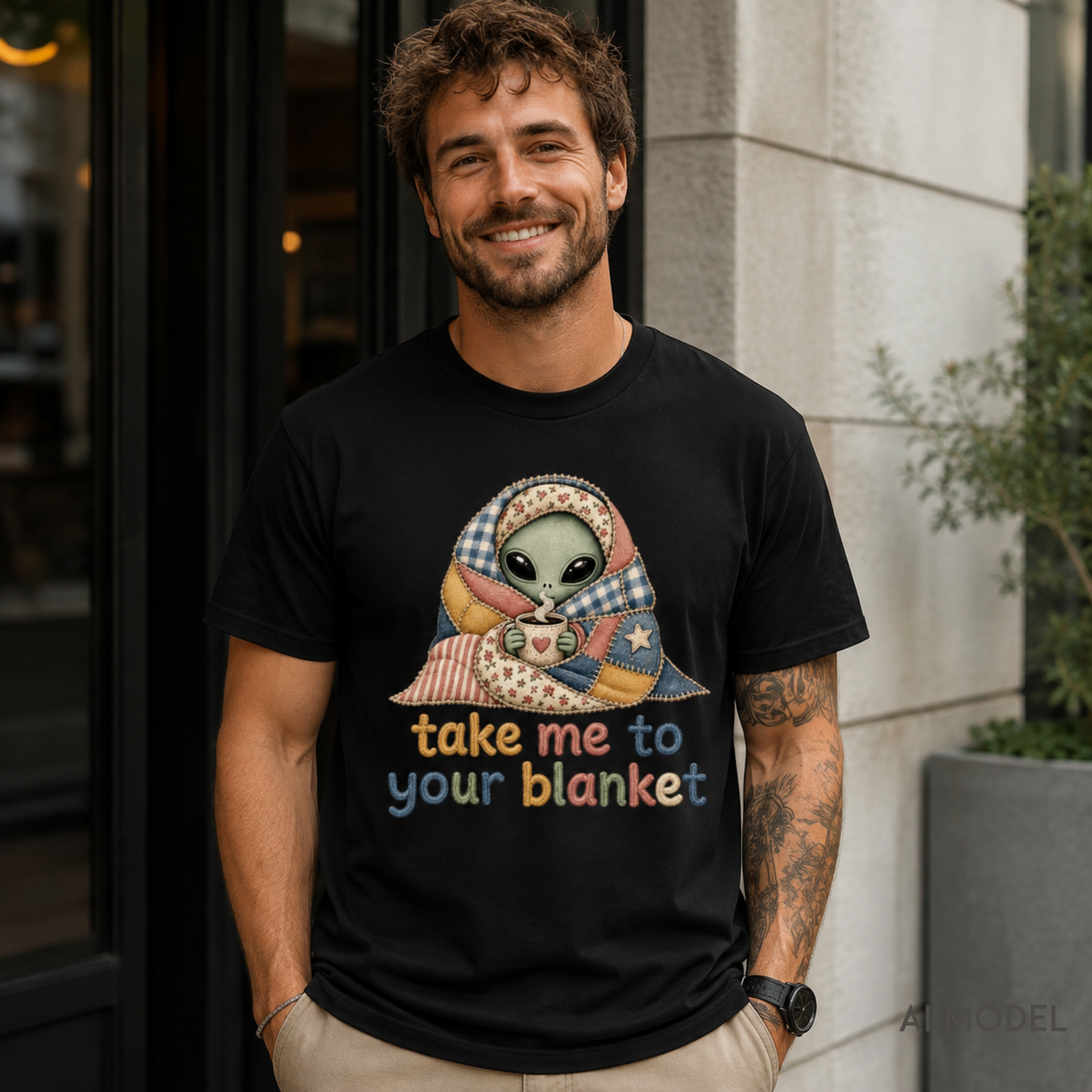 A man wearing a black graphic t-shirt with a cartoon alien wrapped in a plaid blanket and the text 'take me to your blanket' in multicolor letters, standing outdoors in front of a building.