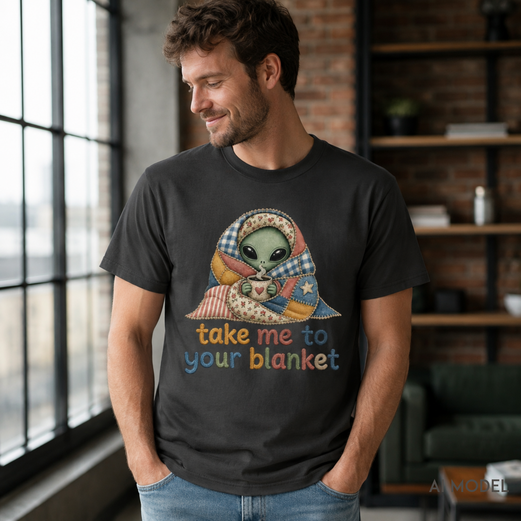 A man wearing a dark charcoal gray t-shirt with a colorful graphic of a sleeping alien wrapped in a plaid blanket and the text 'take me to your blanket' in multicolored letters. The photo is taken in a modern loft setting with a brick wall and large windows.