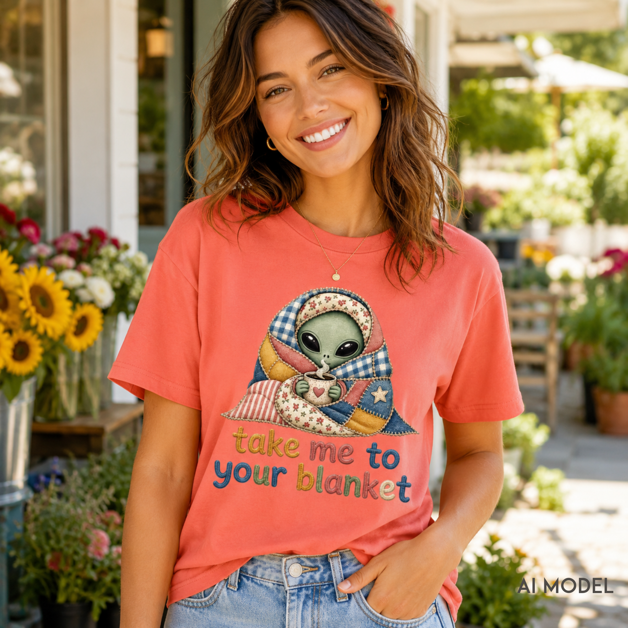 A woman wearing a coral pink graphic t-shirt with a cartoon alien wrapped in a blanket and the text 'take me to your blanket'. The photo is taken in a sunny, blurred garden patio setting.