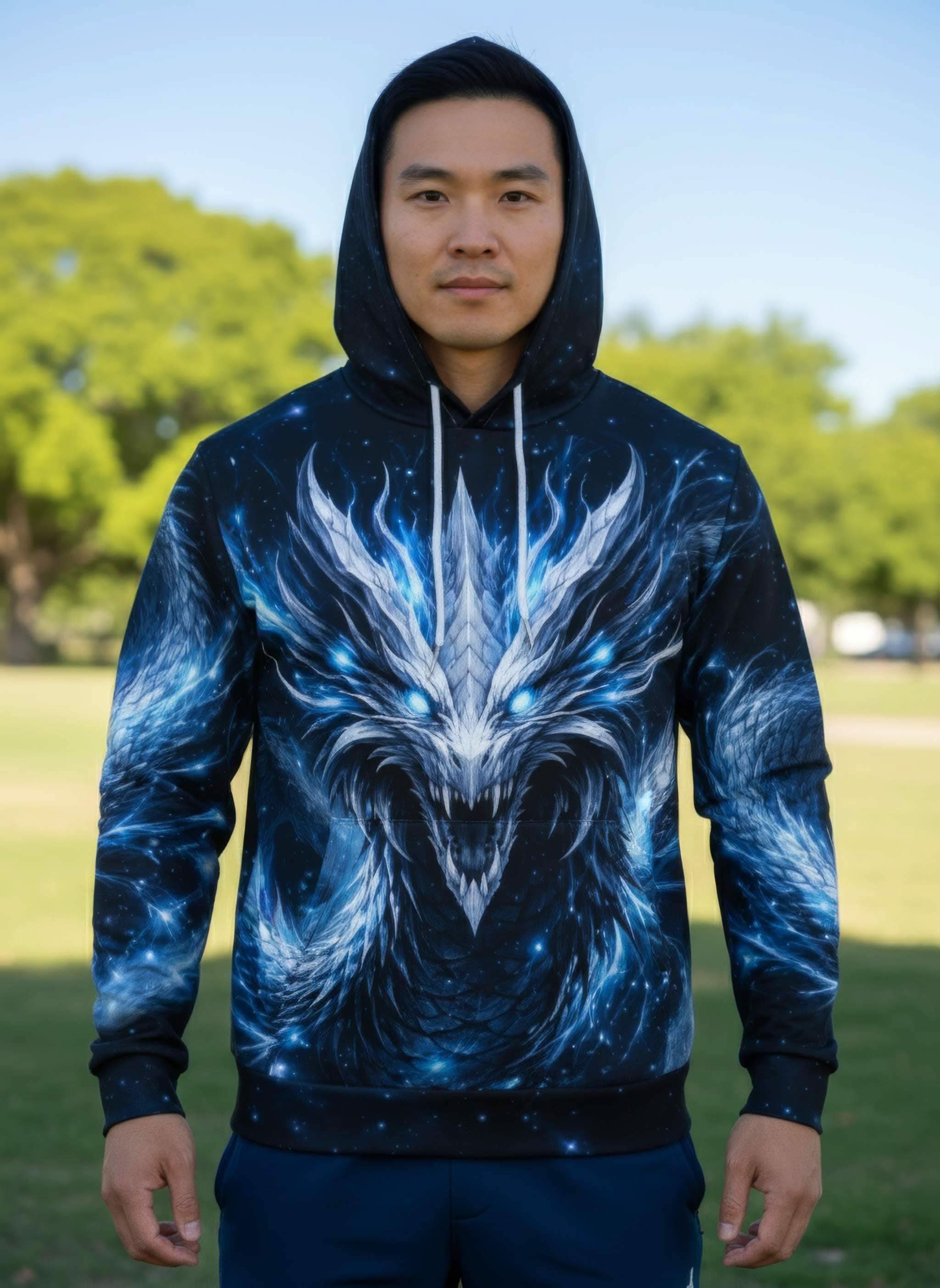 All-over print fantasy dragon hoodie with glowing dragon design on soft cotton fabric