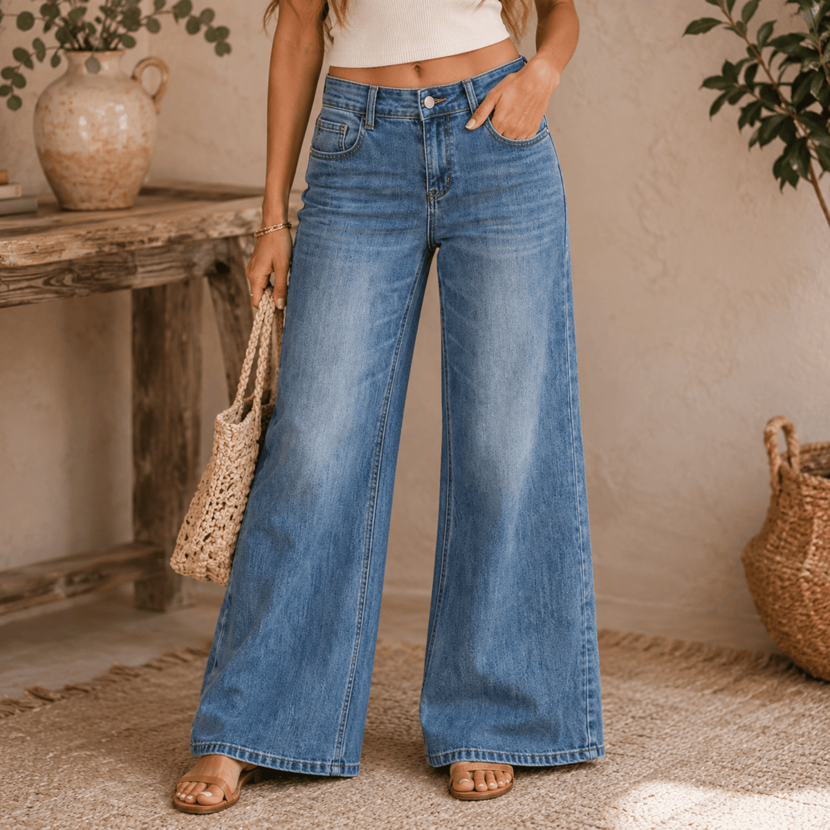 Women’s vintage wash wide leg jeans with high-rise waist and relaxed fit in soft denim