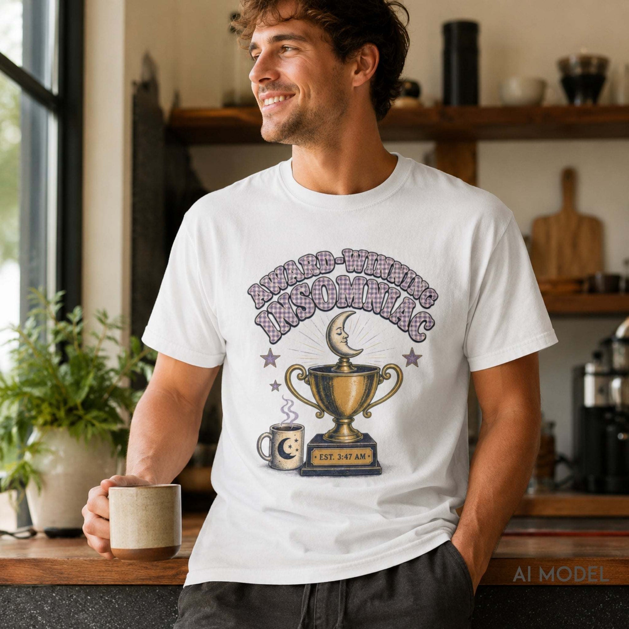 Male model wearing a white Award-Winning Insomniac T-shirt with vintage moon, gold trophy and coffee cup graphic in a casual coffee setting.