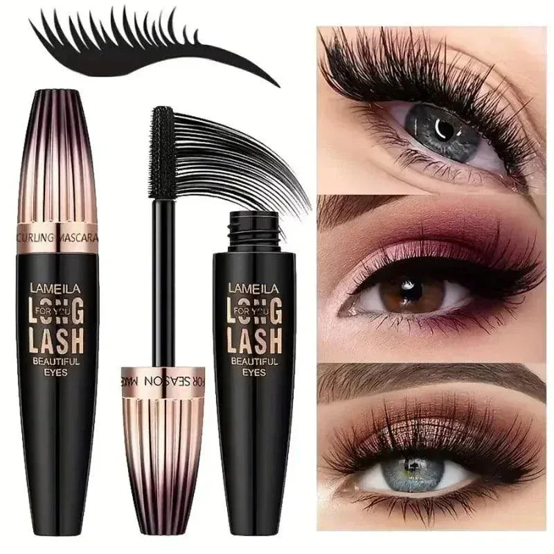 Waterproof 4D mascara tube with brush and close-up of long, thick curled lashes on different eye colors