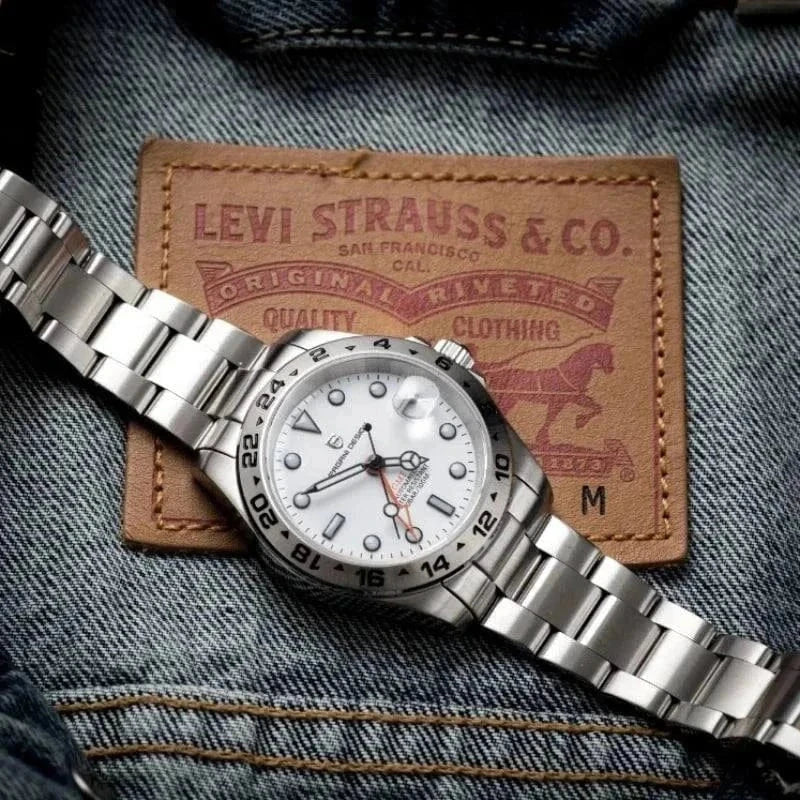 PAGANI DESIGN GMT automatic mechanical watch with stainless steel case and blue luminous hands