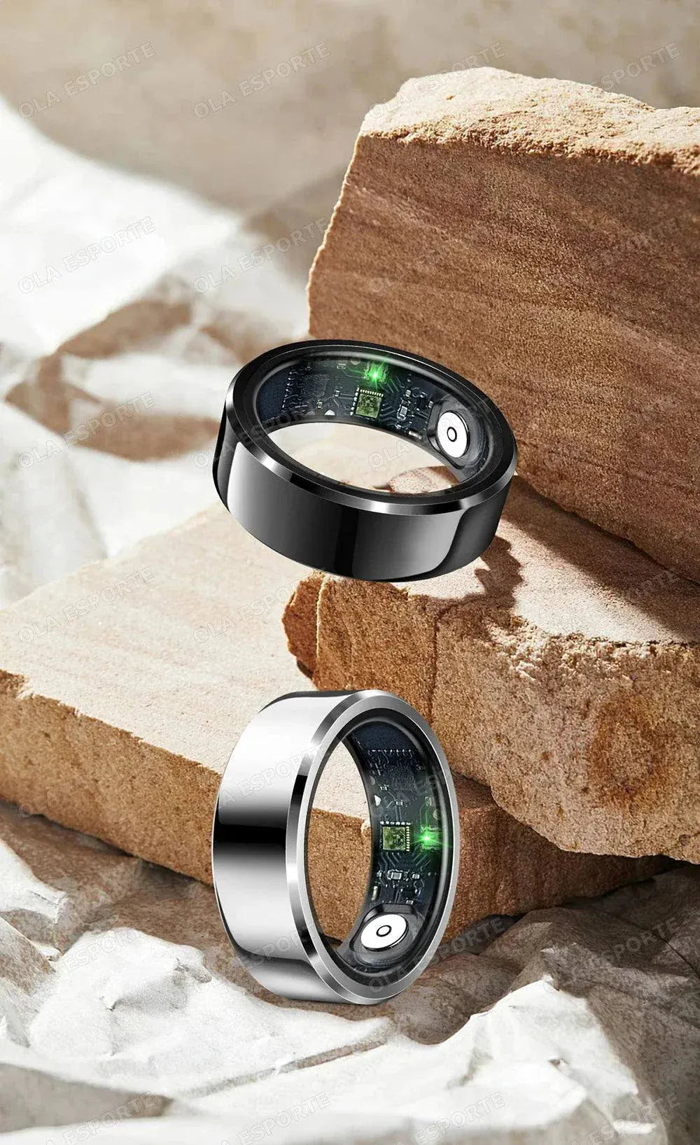 2026 Smart Ring health and fitness tracker showing sleep, heart rate, and activity metrics on finger