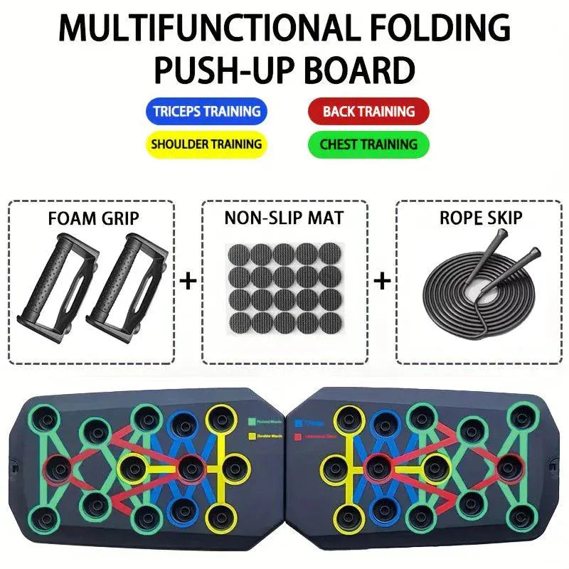 Multifunctional Portable Push-Up Board Set with color-coded hand positions for targeted muscle training and easy storage