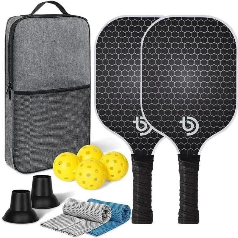 Set of 2 fiberglass pickleball paddles with non-slip ergonomic soft grip and balls in a bag