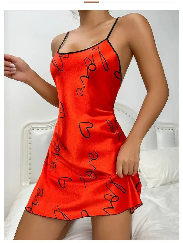 Women's Valentine Ice Silk Suspender Pajama Skirt with delicate suspenders and romantic design for Valentine's Day comfort and style