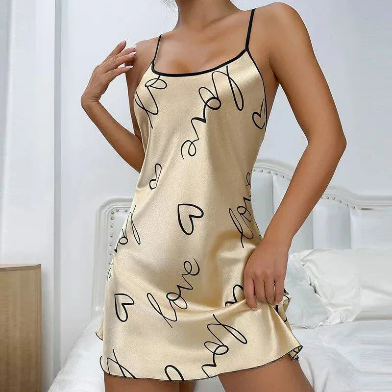 Women’s Valentine’s Day ice silk suspender pajama skirt with romantic printed design