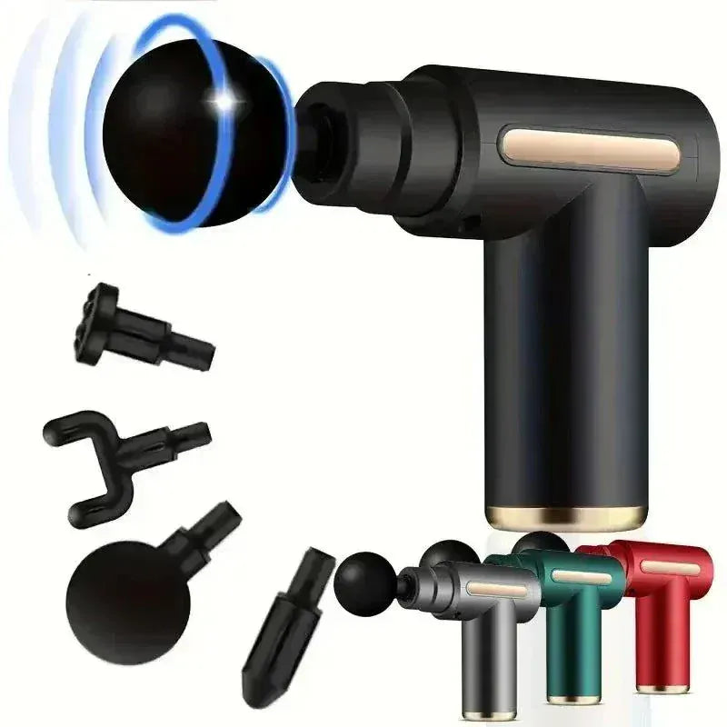 USB Mini Massage Gun with 4 interchangeable heads for muscle relaxation and fascia therapy, portable and rechargeable fitness device in black, grey, green, and red.