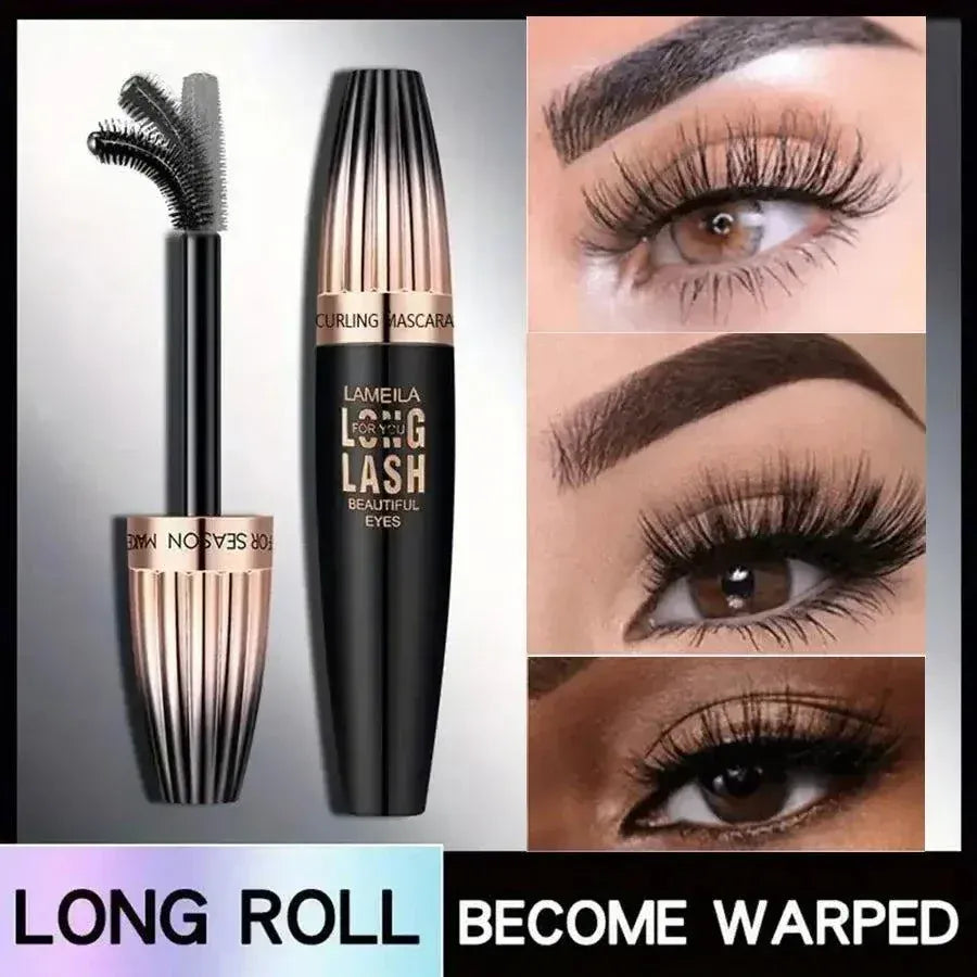 Waterproof 4D Mascara tube with dramatic, volumized lashes on model