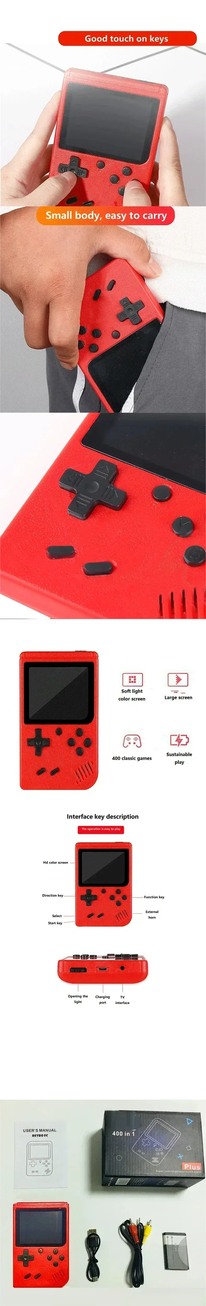 Red Retro Classic Games Children's Handheld Console with 400 Games.
