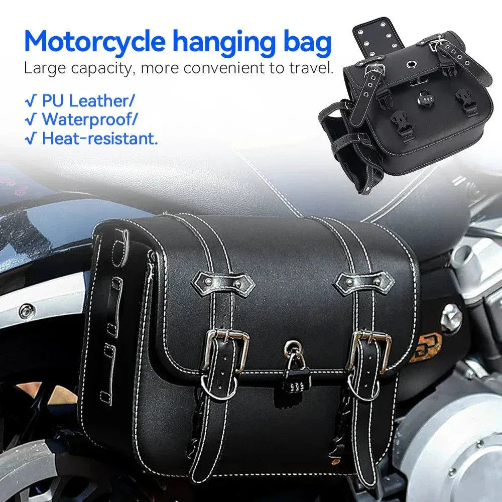 Large black PU leather motorcycle saddlebag with buckles, waterproof and heat-resistant storage for Harley and other bikes