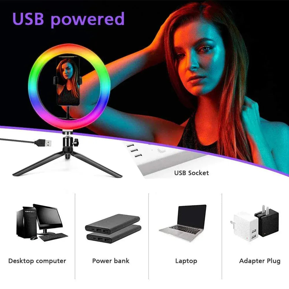 RGB Ring Light with remote control for adjustable brightness and color temperature, ideal for content creators and vloggers