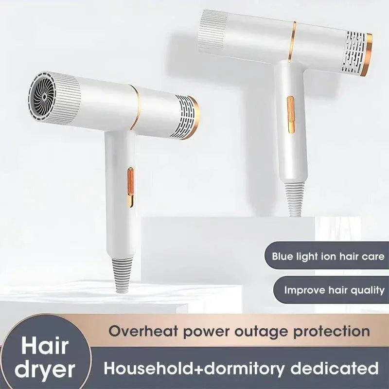 Sleek white professional hair dryer with gold accents, foldable handle, strong airflow, and ion hair care features for household use