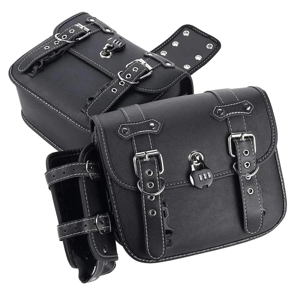 Large black Motorcycle SaddleBag attached to Harley-Davidson motorcycle side for durable storage