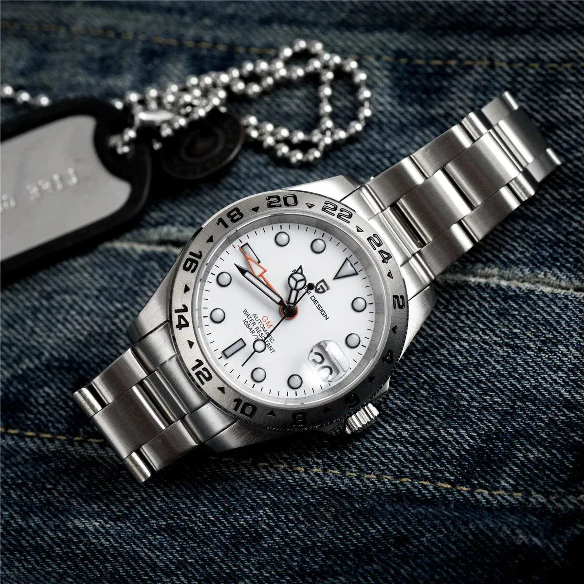 PAGANI DESIGN 2026 DG5833 men's GMT automatic mechanical stainless steel watch with blue luminous markers and 10 bar water resistance