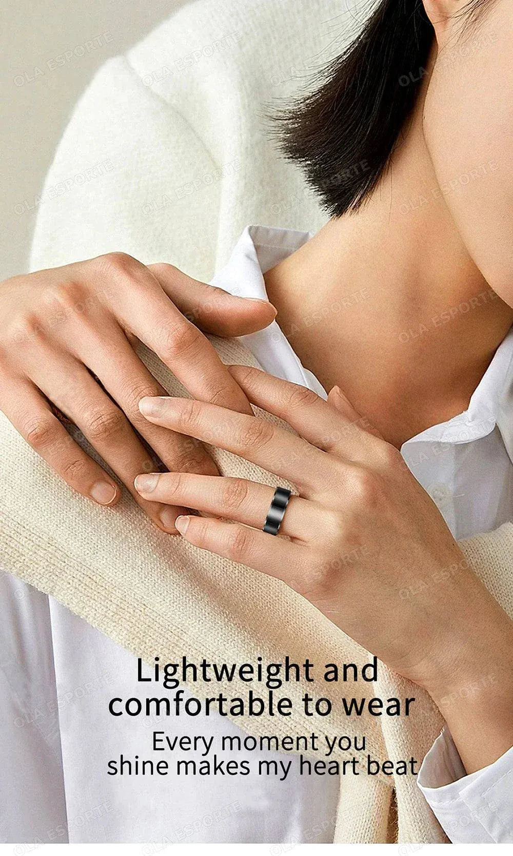 2026 Smart Ring health and fitness tracker showing heart rate, sleep, and activity metrics on finger wearable