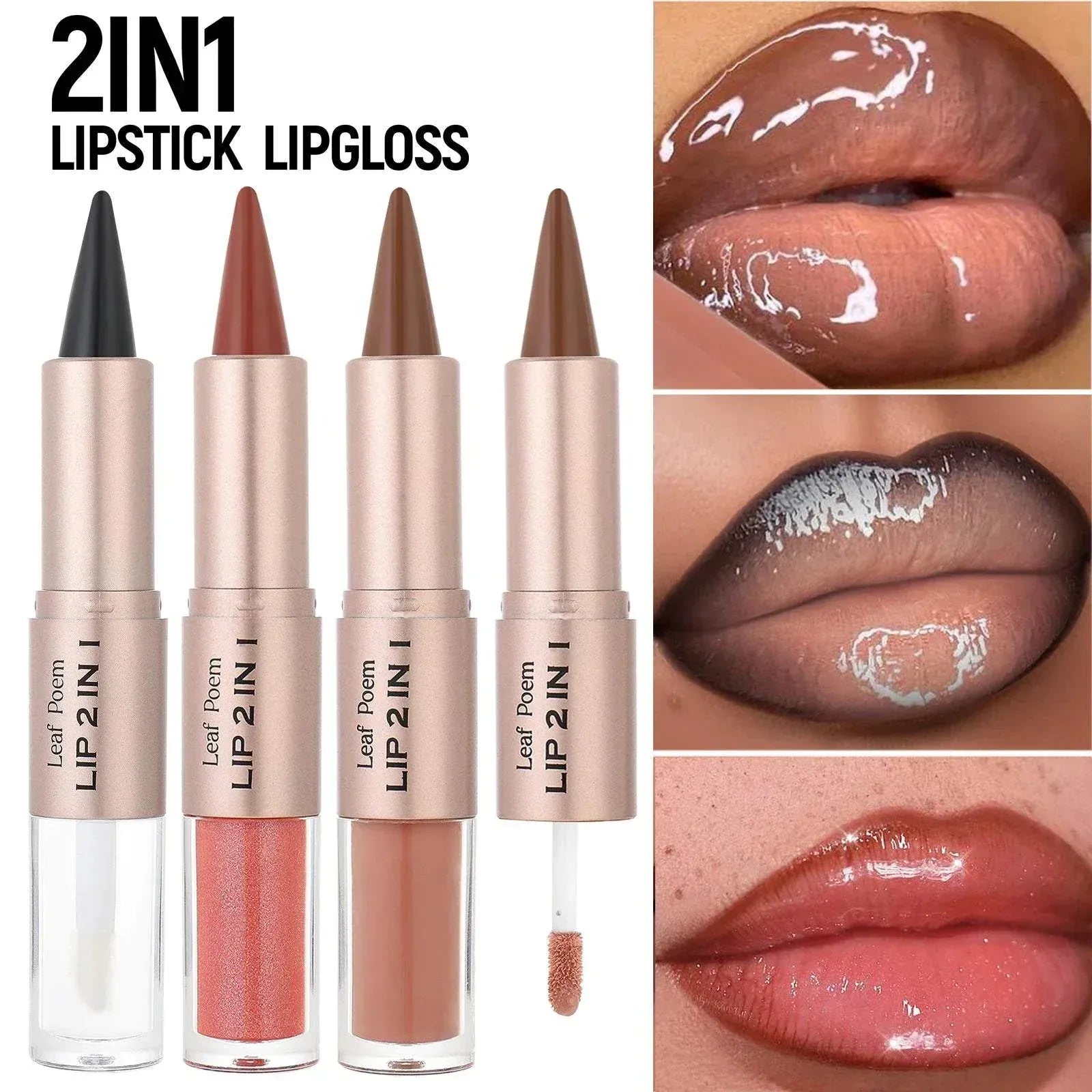 Double head lip liner contour pencil with plumping lip gloss in nude shades and glossy finish on lips