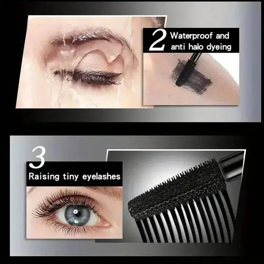 Waterproof 4D mascara tube with dramatic, voluminous lashes and large brush for smudge-proof, long-lasting wear