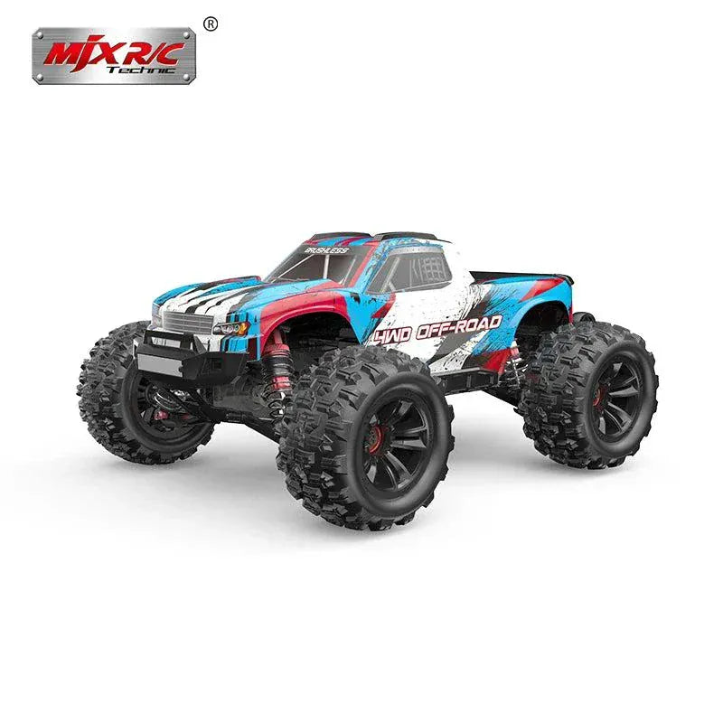 Red and black remote control car toy on a rugged road track for high-speed racing and stunts