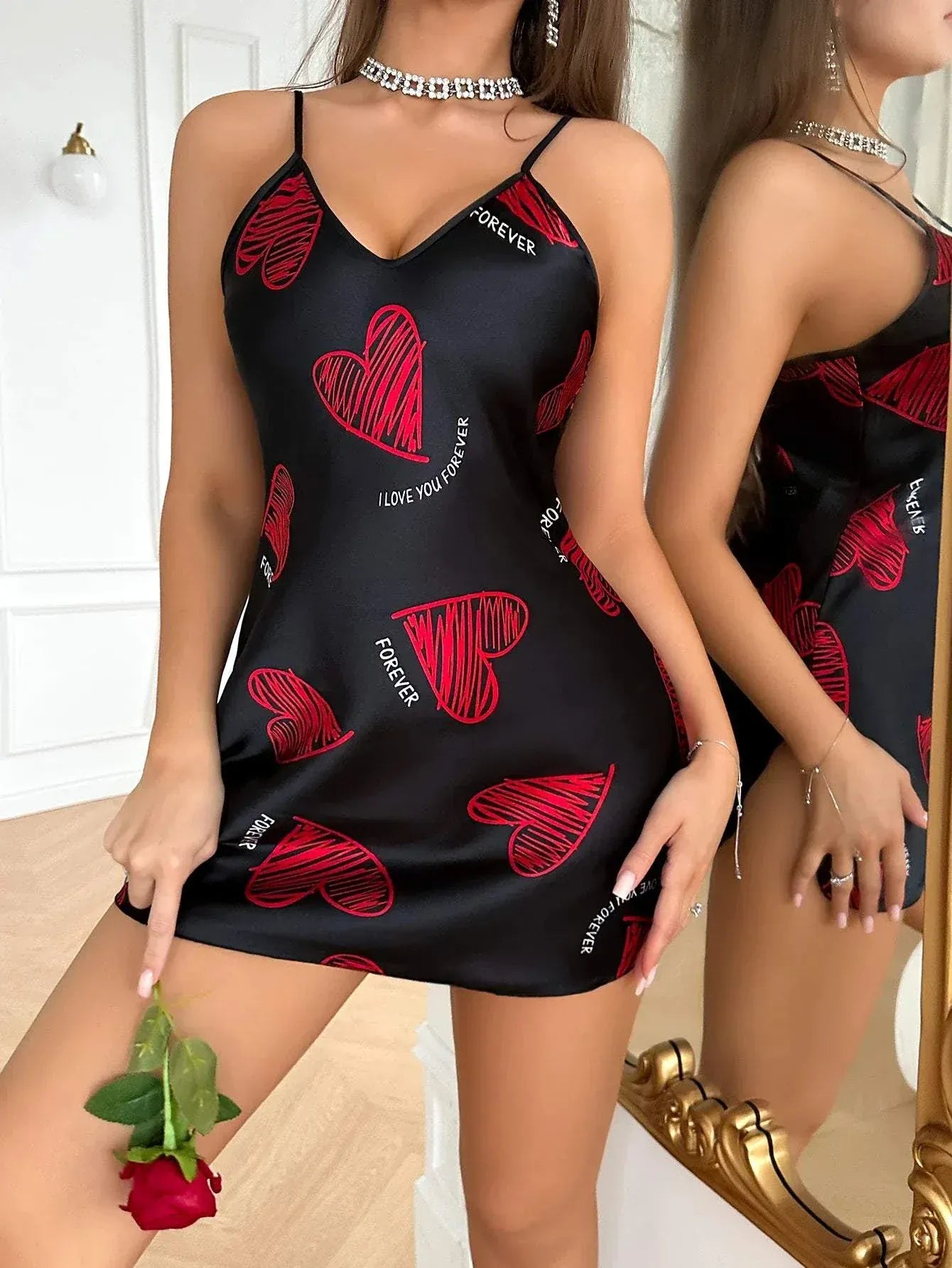 Valentines Day Red Lip Print Satin Slip Nightdress - Women's Sleepwear