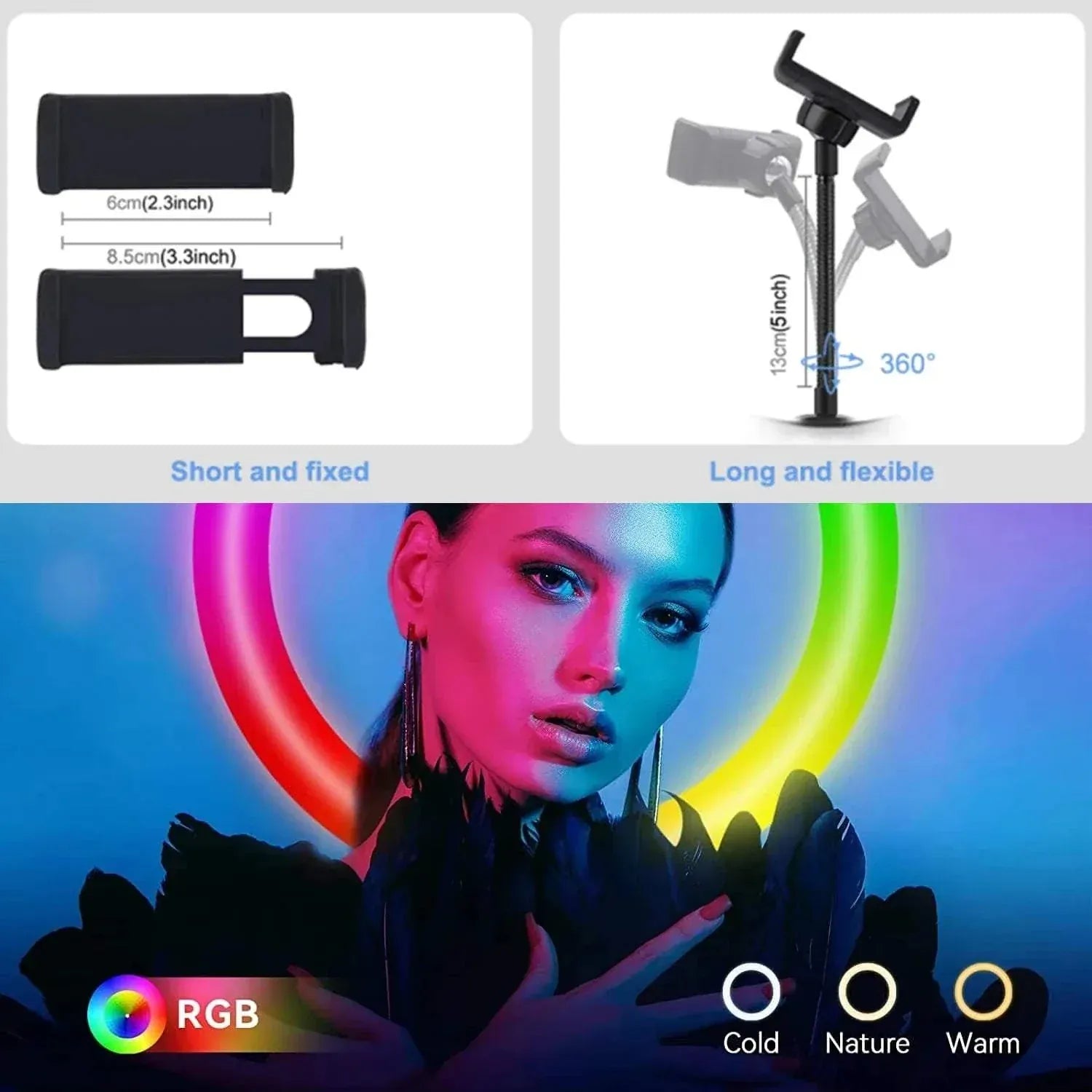 RGB ring light with remote control for adjustable brightness and color modes