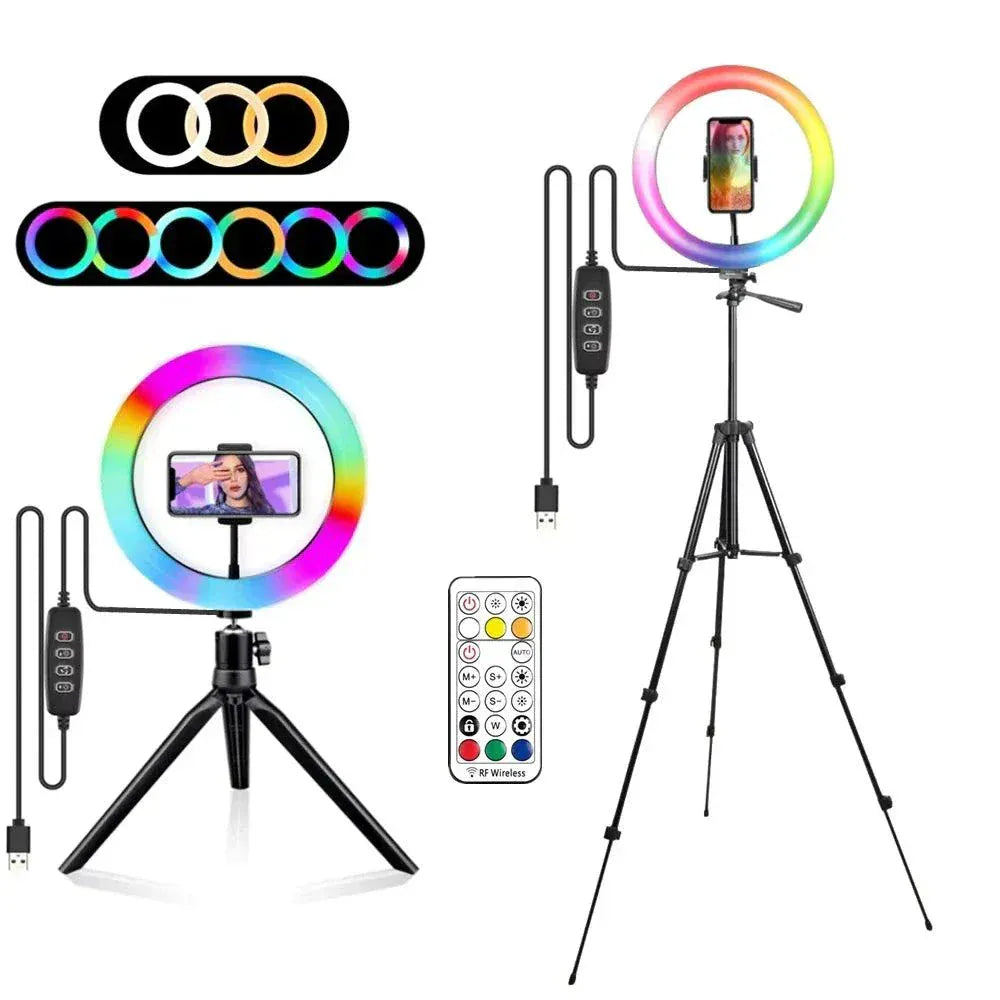 RGB ring light with remote control for adjustable brightness and color temperature