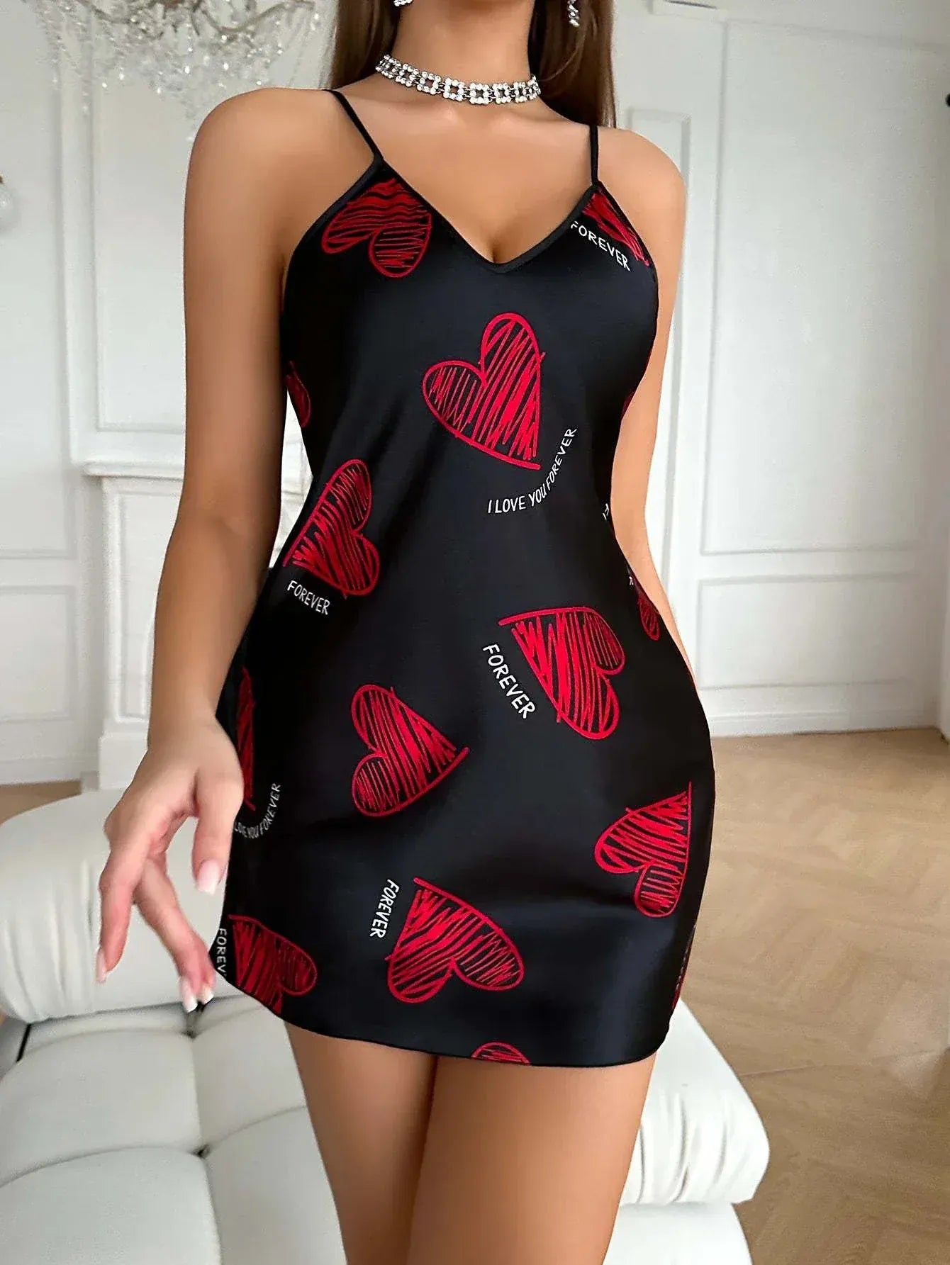 Valentines Day Red Lip Print Satin Slip Nightdress - Women's Sleepwear