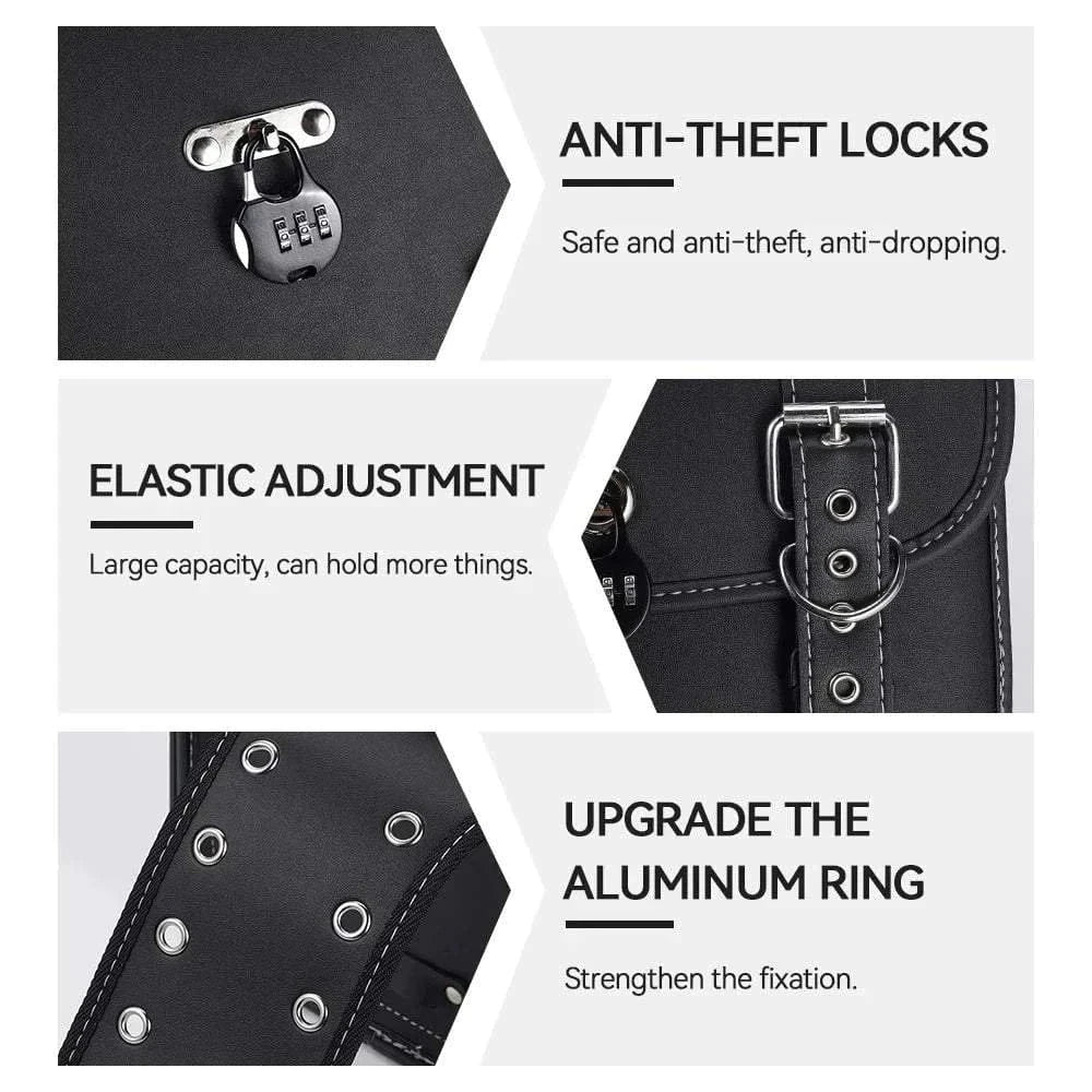 Large black PU leather motorcycle saddlebag with anti-theft locks, elastic adjustment, and aluminum ring for secure and weatherproof storage