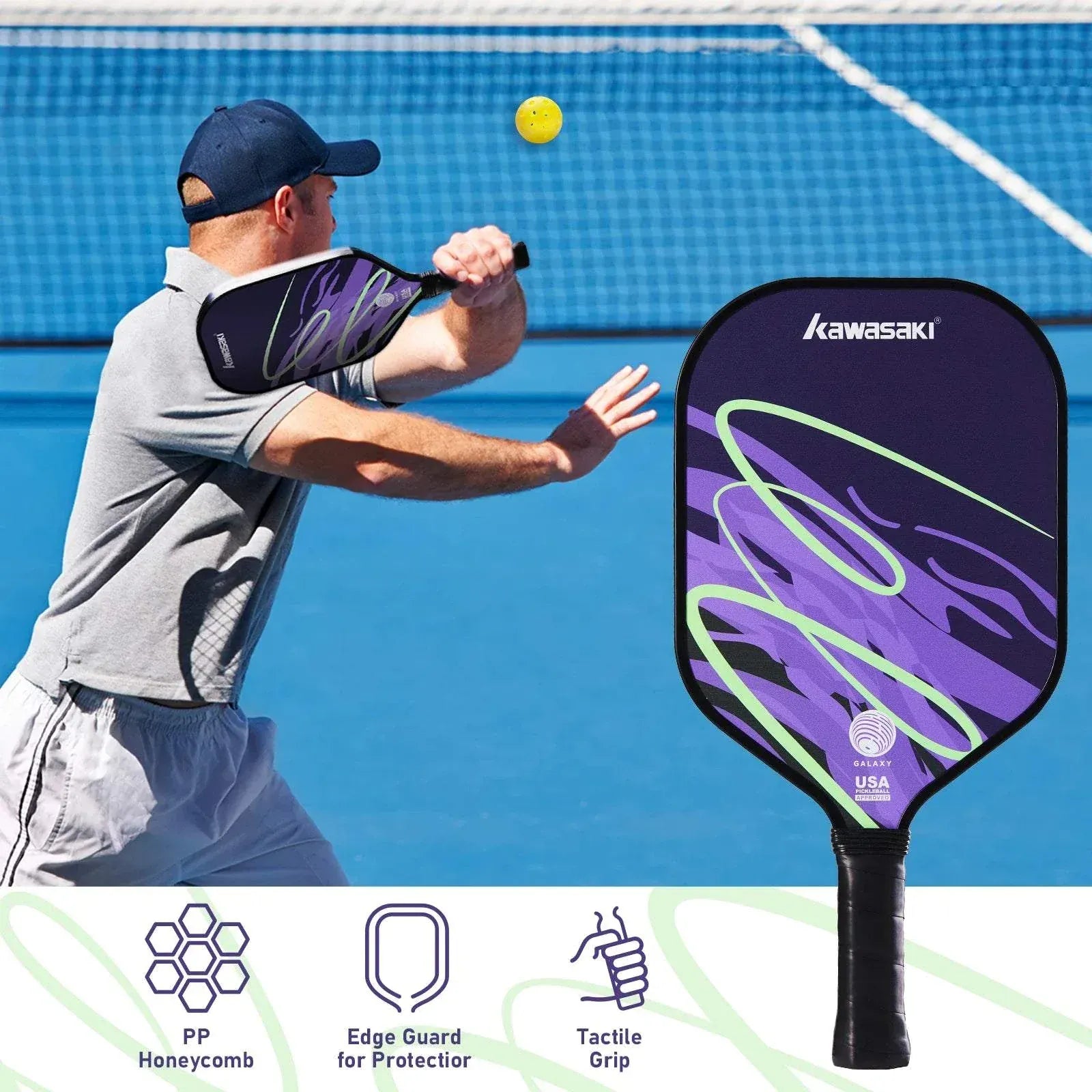 Kawasaki Pickleball Paddle with durable PP honeycomb core and fiberglass surface for beginners and athletes