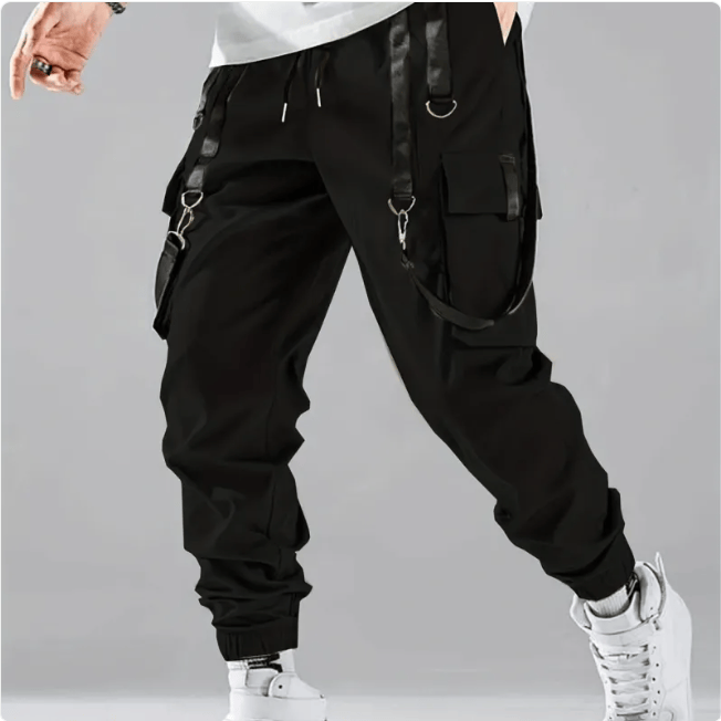 Multi-pocket techwear cargo pants in black, dark gray, light blue, and khaki with loose fit and durable polyester material.