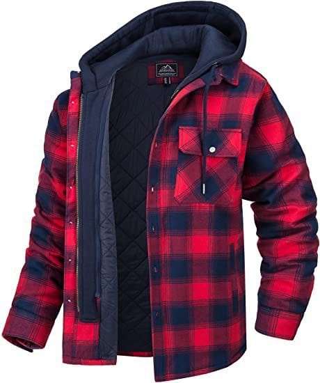 Mens plaid hooded coat with red and black check pattern, thick padded cotton lining, button and zip-up front, casual winter outerwear jacket