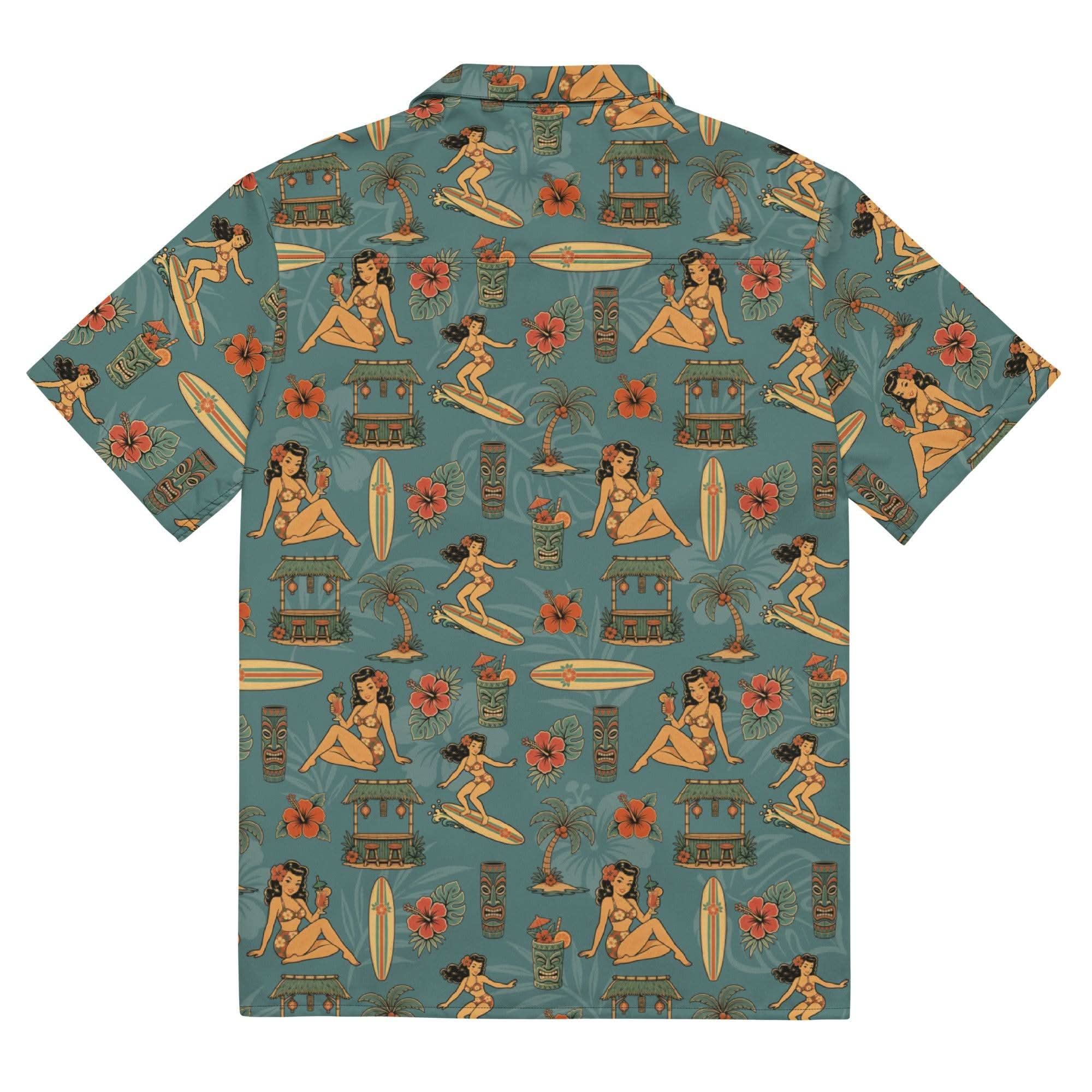 Retro Pinup Hawaiian Shirt – 50s Surf Girl Tropical All-Over Print Button Up | Vintage Tiki Summer Shirt