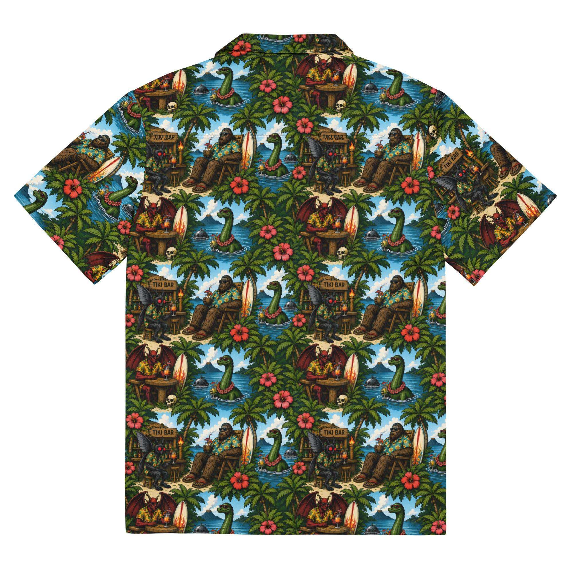Unisex Bigfoot Hawaiian shirt with tropical Sasquatch tiki print and UPF 50+ protection