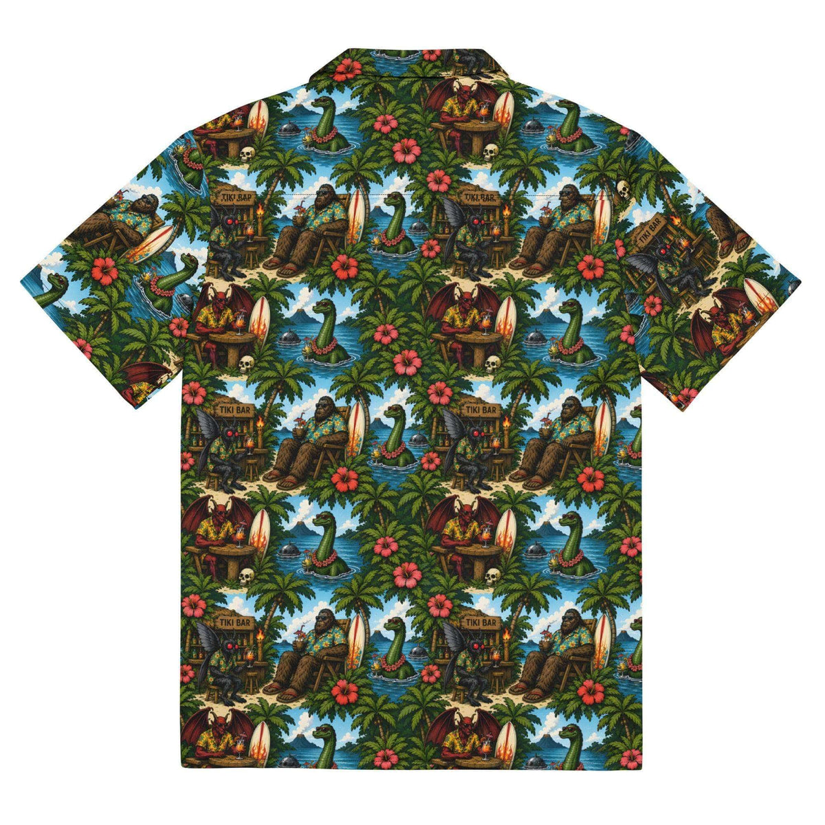 Unisex Bigfoot Hawaiian shirt with tropical Sasquatch tiki print and UPF 50+ protection