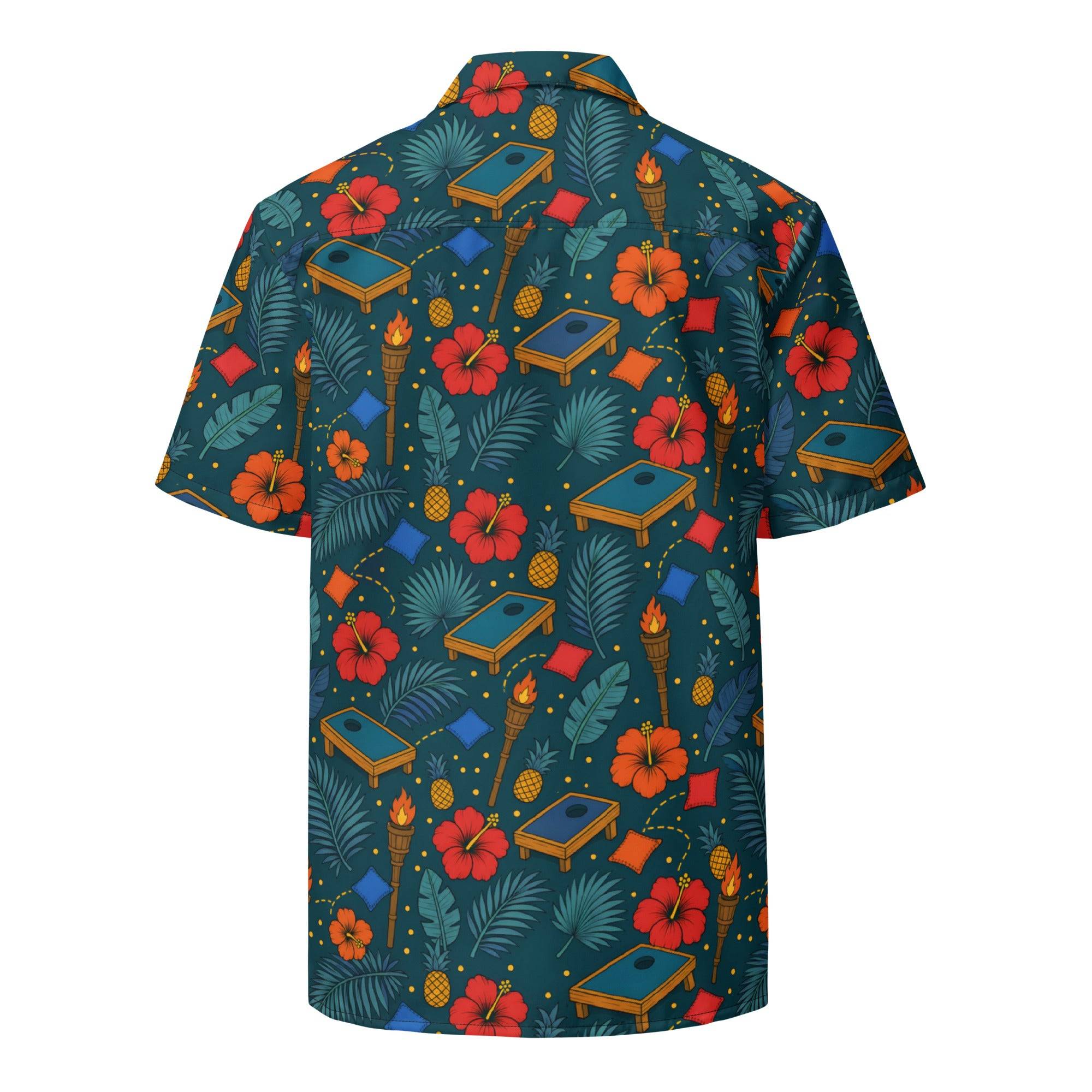 Tropical cornhole Hawaiian shirt with boards, bean bags, tiki torches, and pineapples on teal background, unisex UPF 50+ button-up