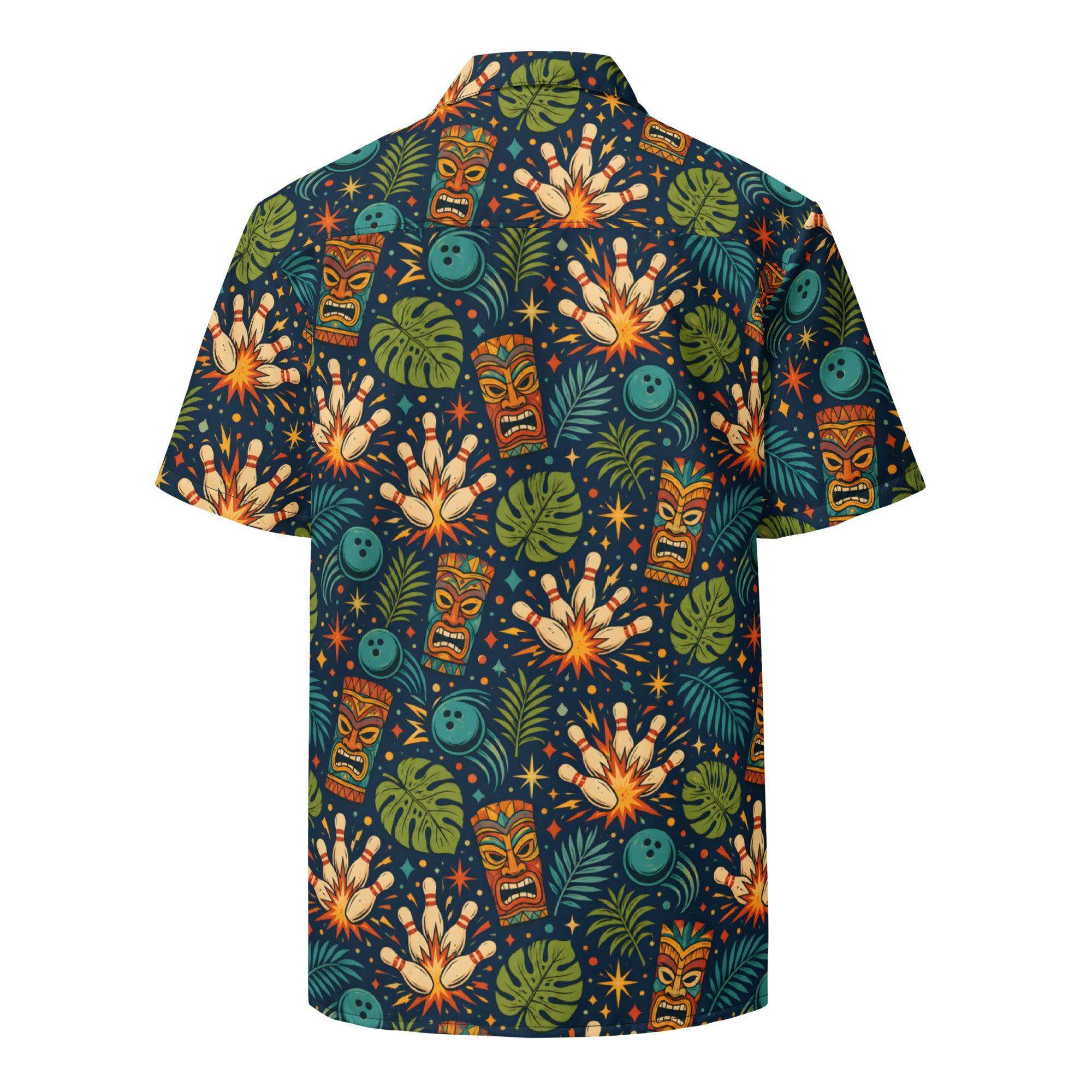 Navy Tropical Bowling Hawaiian Shirt with tiki masks, bowling pins, and tropical leaves print, camp collar, and button-down design